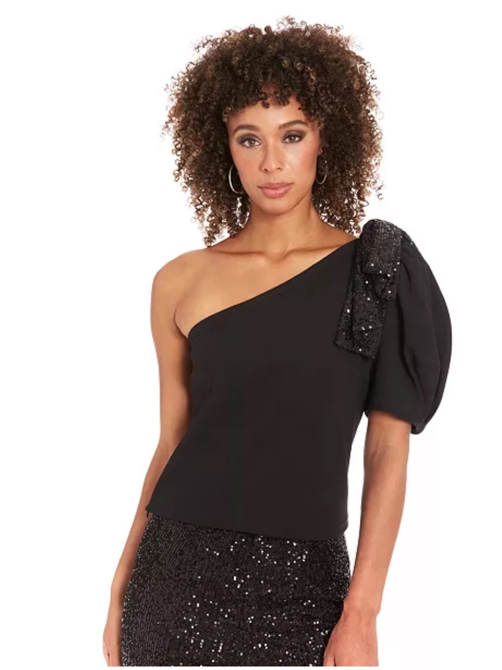 MUSE One-Shoulder Black Puff Sleeve Top with Sequin Bow 12
